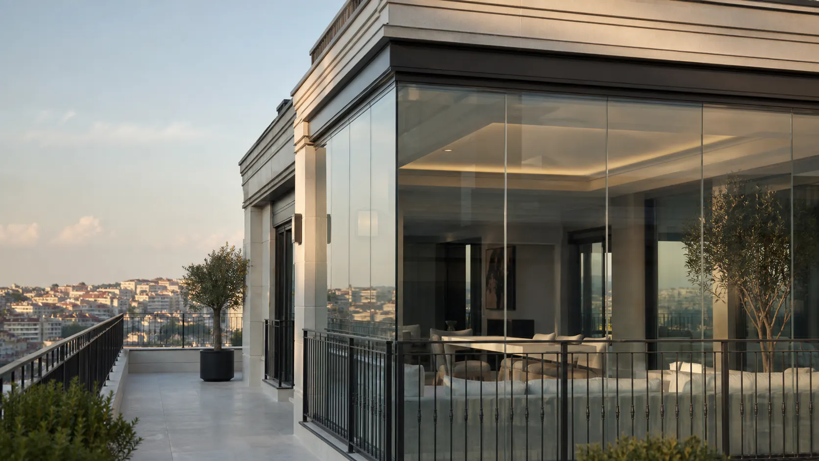 Cam balkon ve metal korkuluk uygulamasını gösteren temsili mimari görsel